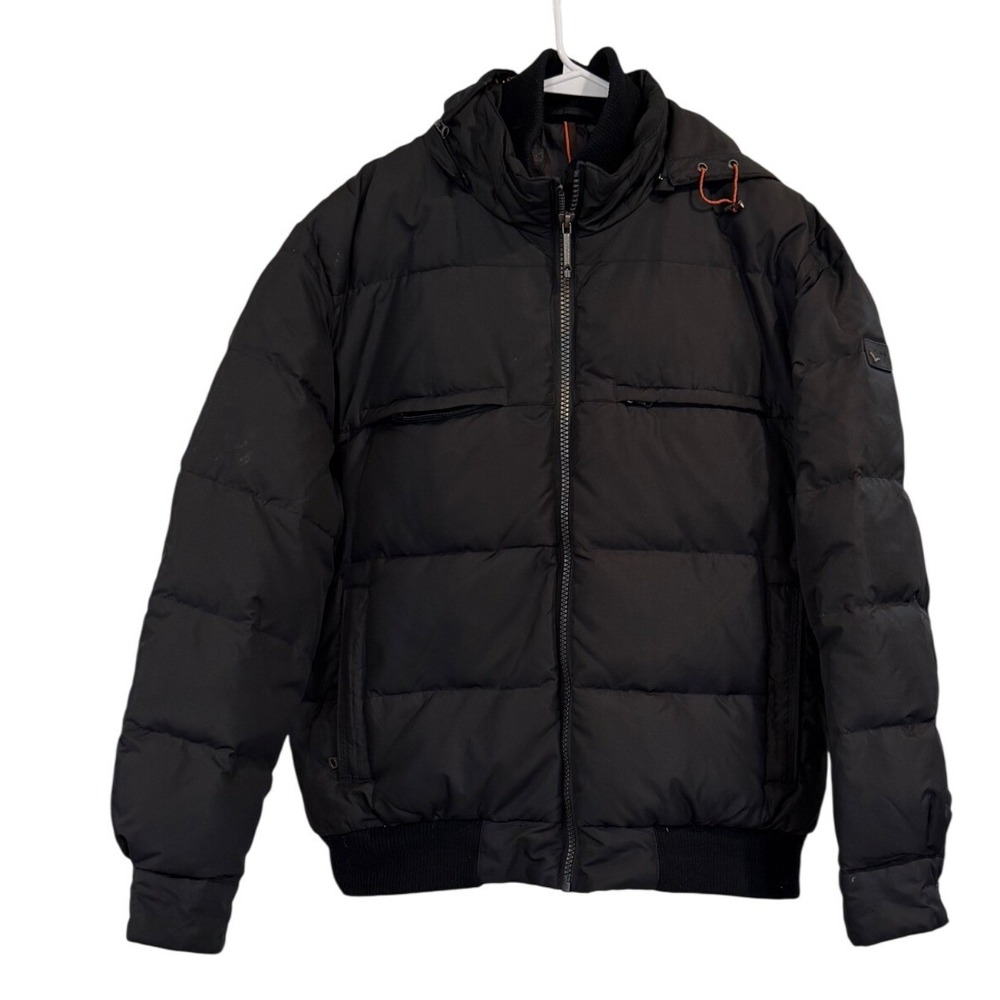 Hawke & Co Mens Black Quilted Puffer Bomber Jacket Large Full Zip Duck Feather